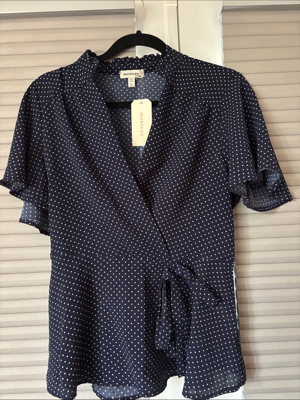 Monteau Navy Polka Dot Wrap Blouse